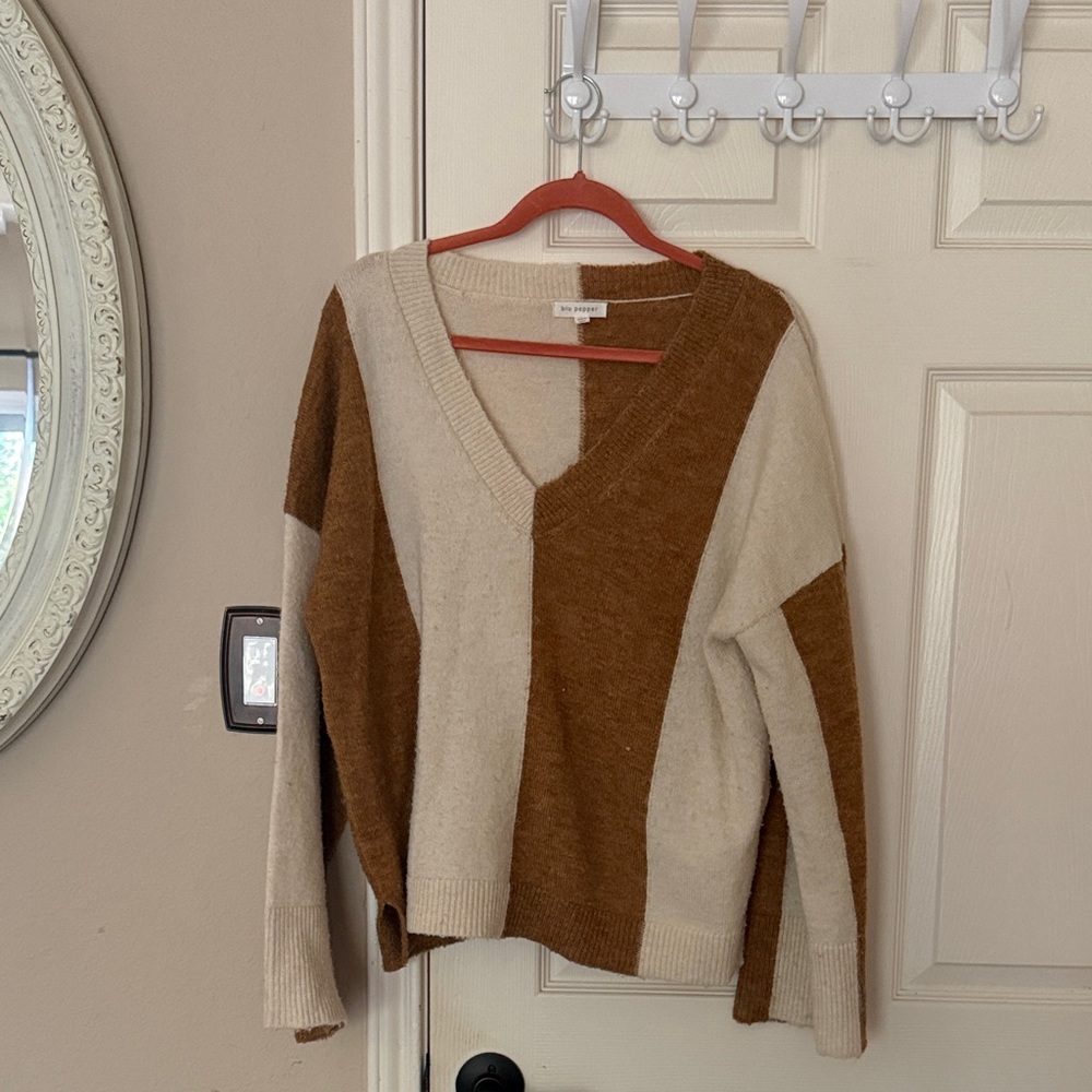 Blu Pepper V-Neck Sweater in Cream and Brown
